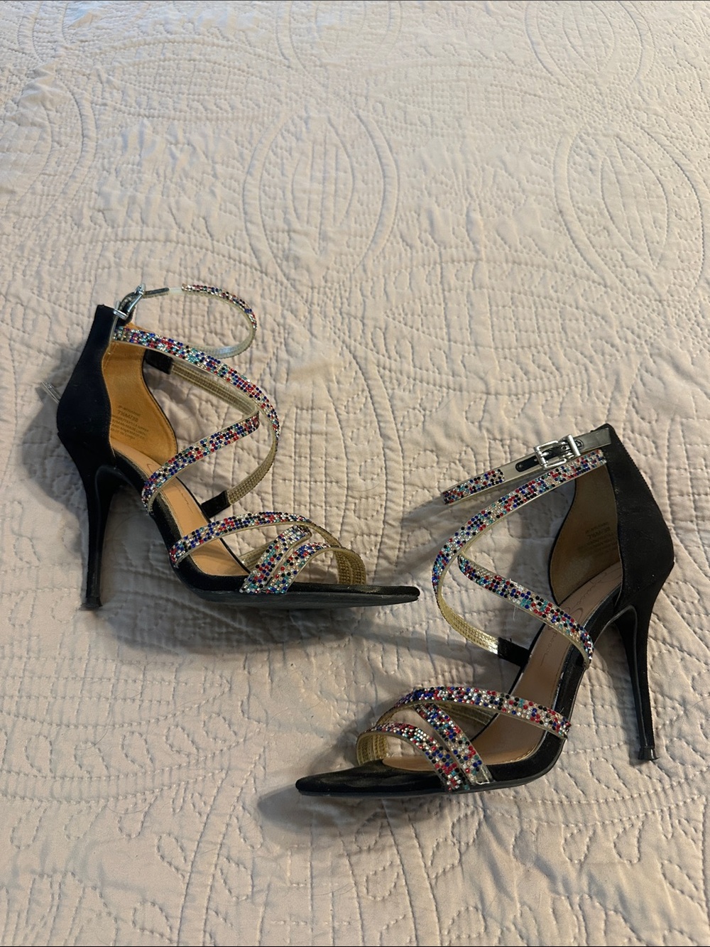 Jessica Simpson Black Strappy Heels with Multicolored Crystal Straps